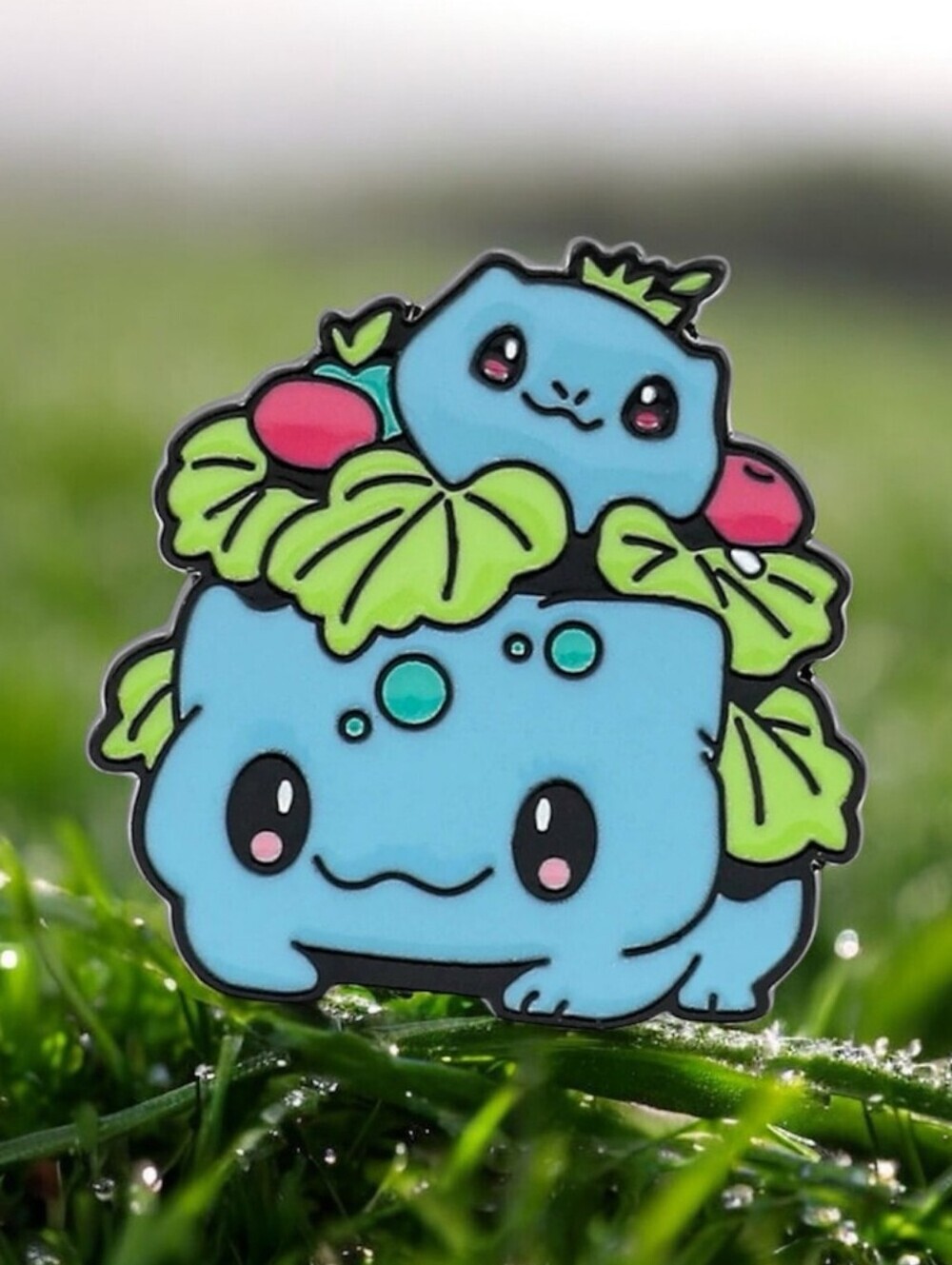Pokemon Blue Bulbasaur-Inspired Enamel Pin with Lime Leaves and Pink Berries